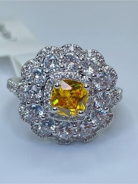 Swarovski Crystal Elements Canary Yellow Crystal Halo Art Deco Ring Sz 7